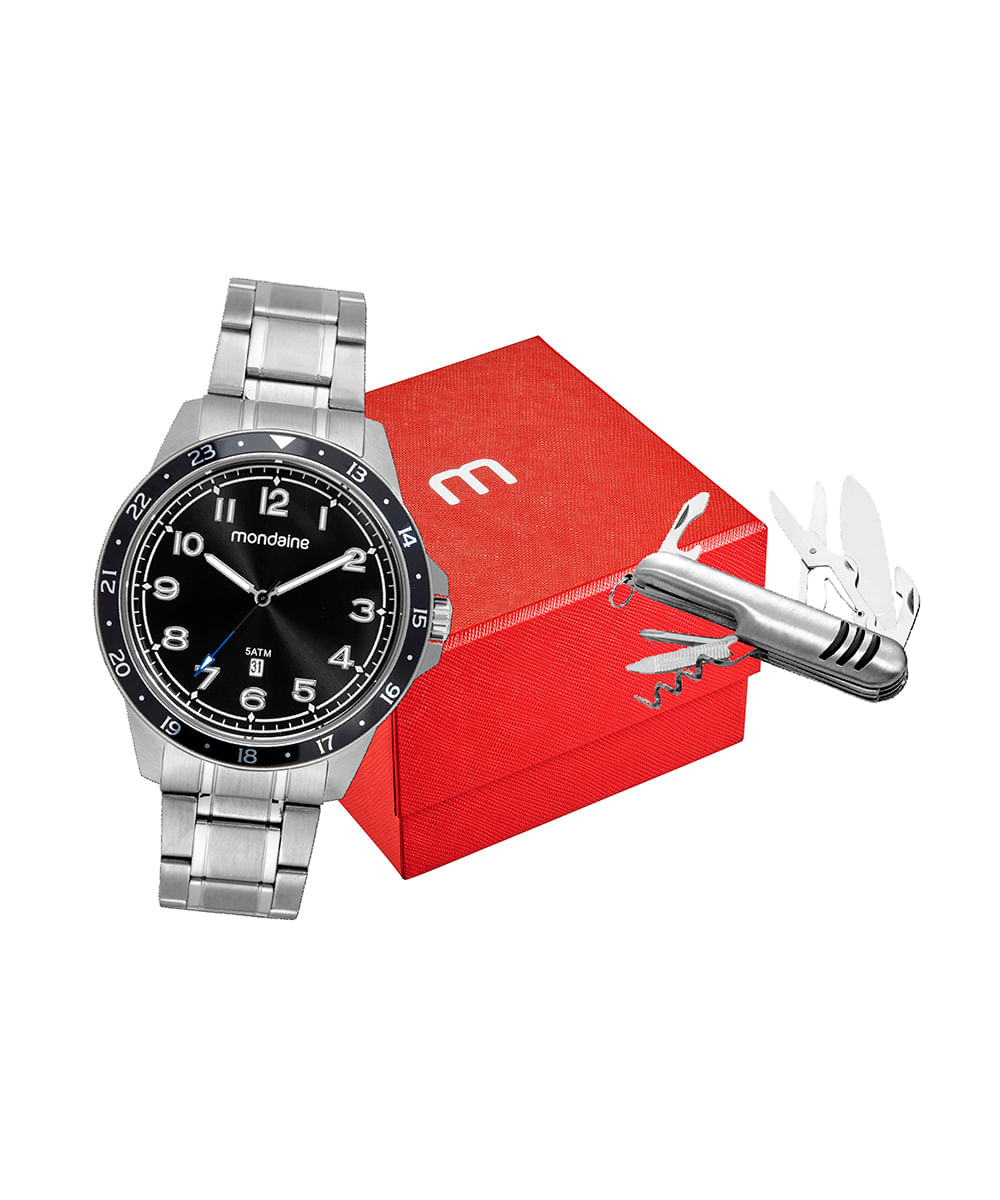 kit relógio masculino mondaine 99736g0mvna1k analógico-calendário prateado