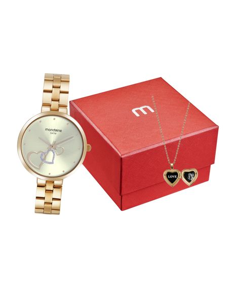 kit relógio feminino mondaine 32712lpmkde1k1 analógico dourado