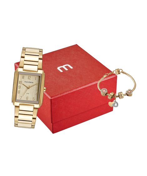 kit relógio feminino mondaine 32520lpmvde1k analógico dourado