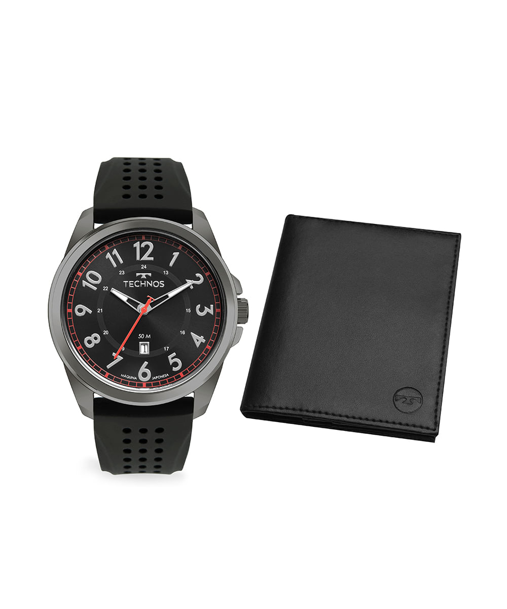 kit relógio masculino technos 2115tvf-k2p analógico cinza