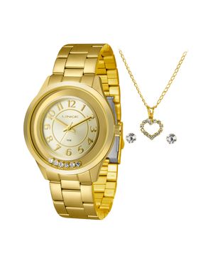 kit relógio feminino lince lrg4522lkf52c2kx analógico dourado