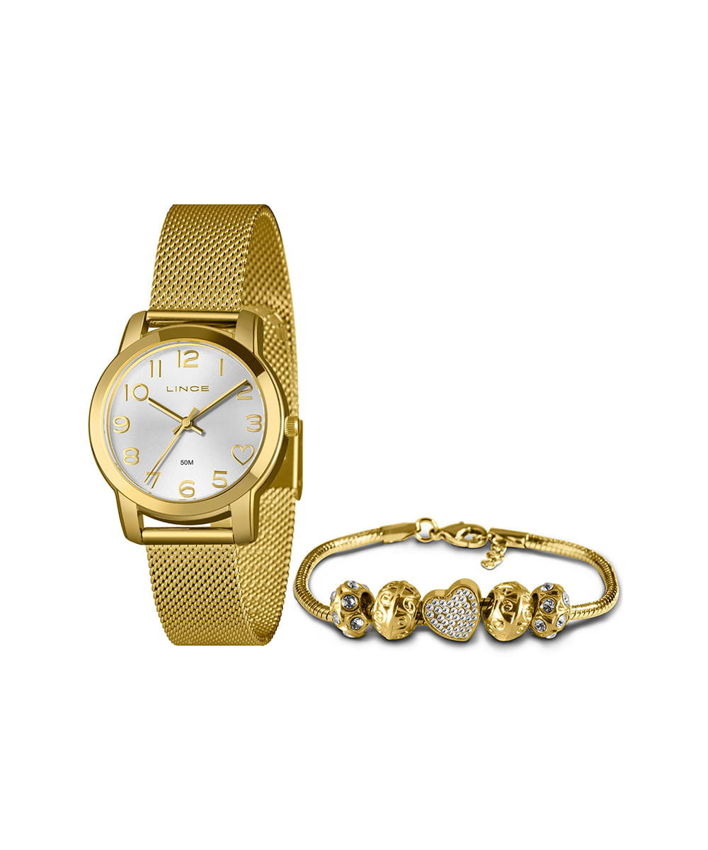 kit relógio feminino lince lrg4783l34k07es2kx analógico dourado