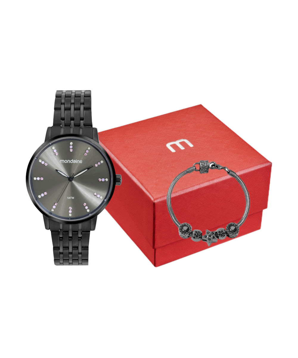 kit relógio feminino mondaine 32666lpmvpe2k analógico preto