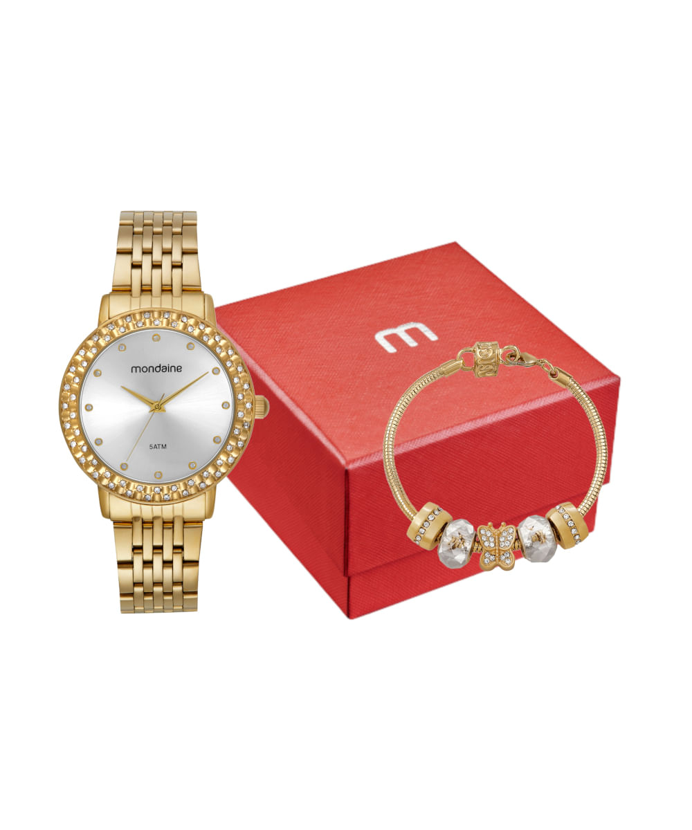 kit relógio feminino mondaine 32838lpmvde1kf analógico dourado