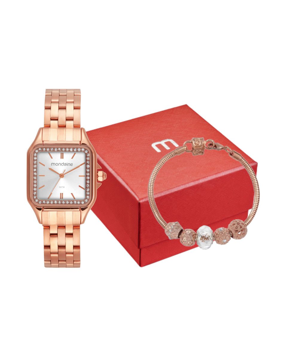 kit relógio feminino mondaine 32753lpmvre2kf analógico rosê