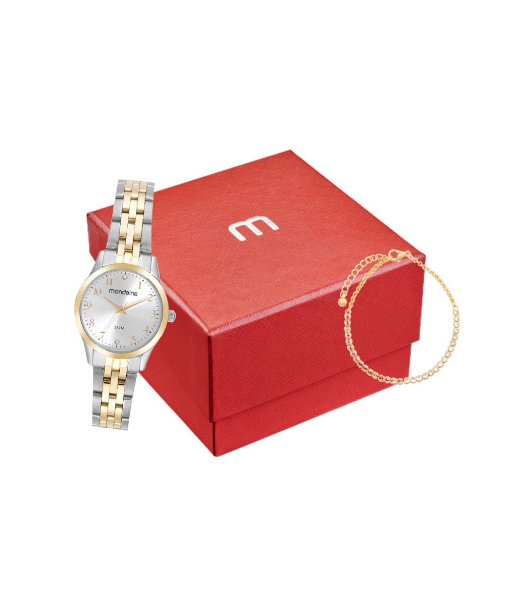kit relógio feminino mondaine 32699lpmvbe2kf analógico prateado