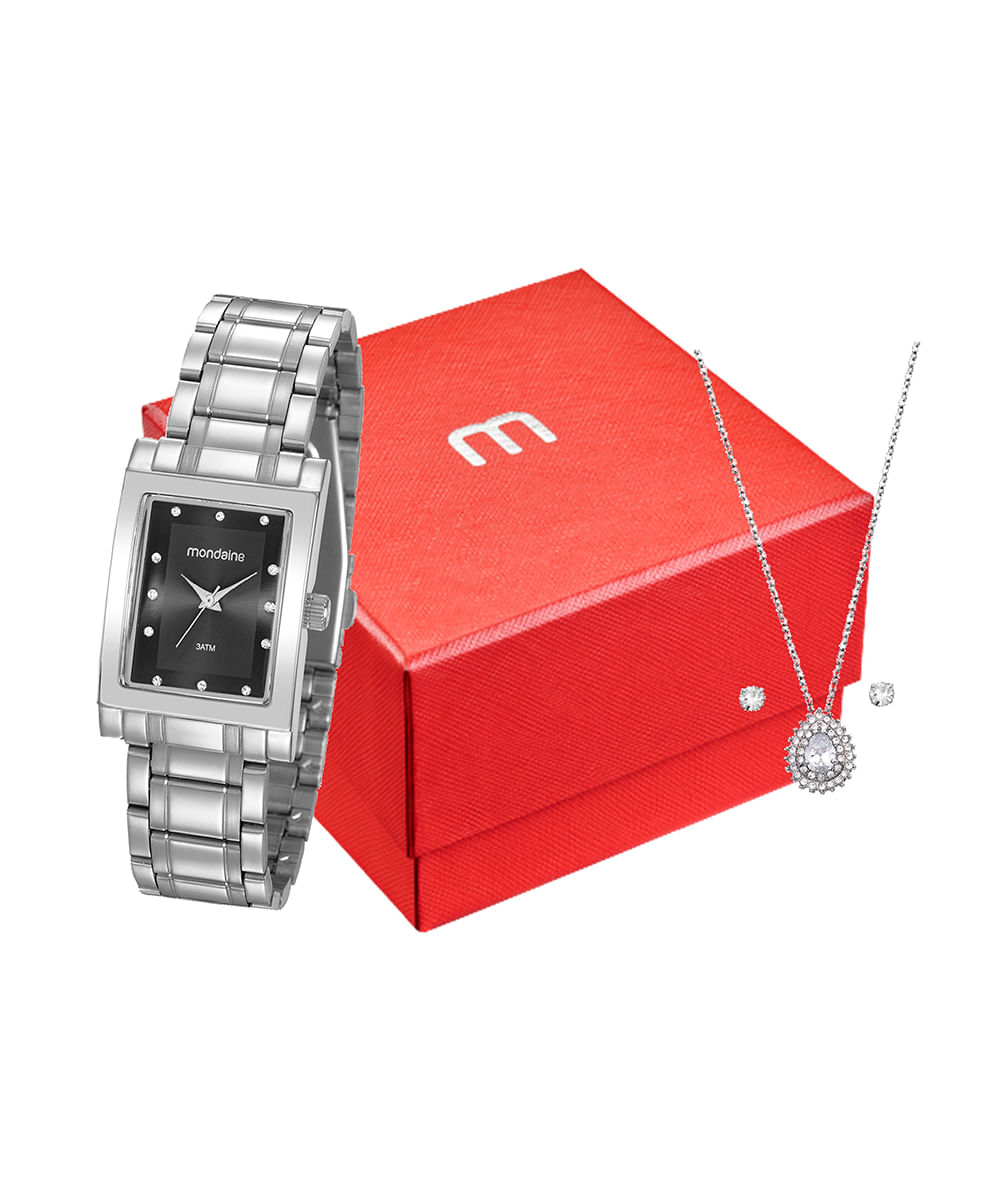 kit relógio feminino mondaine 32103l0mvne2kb analógico prateado