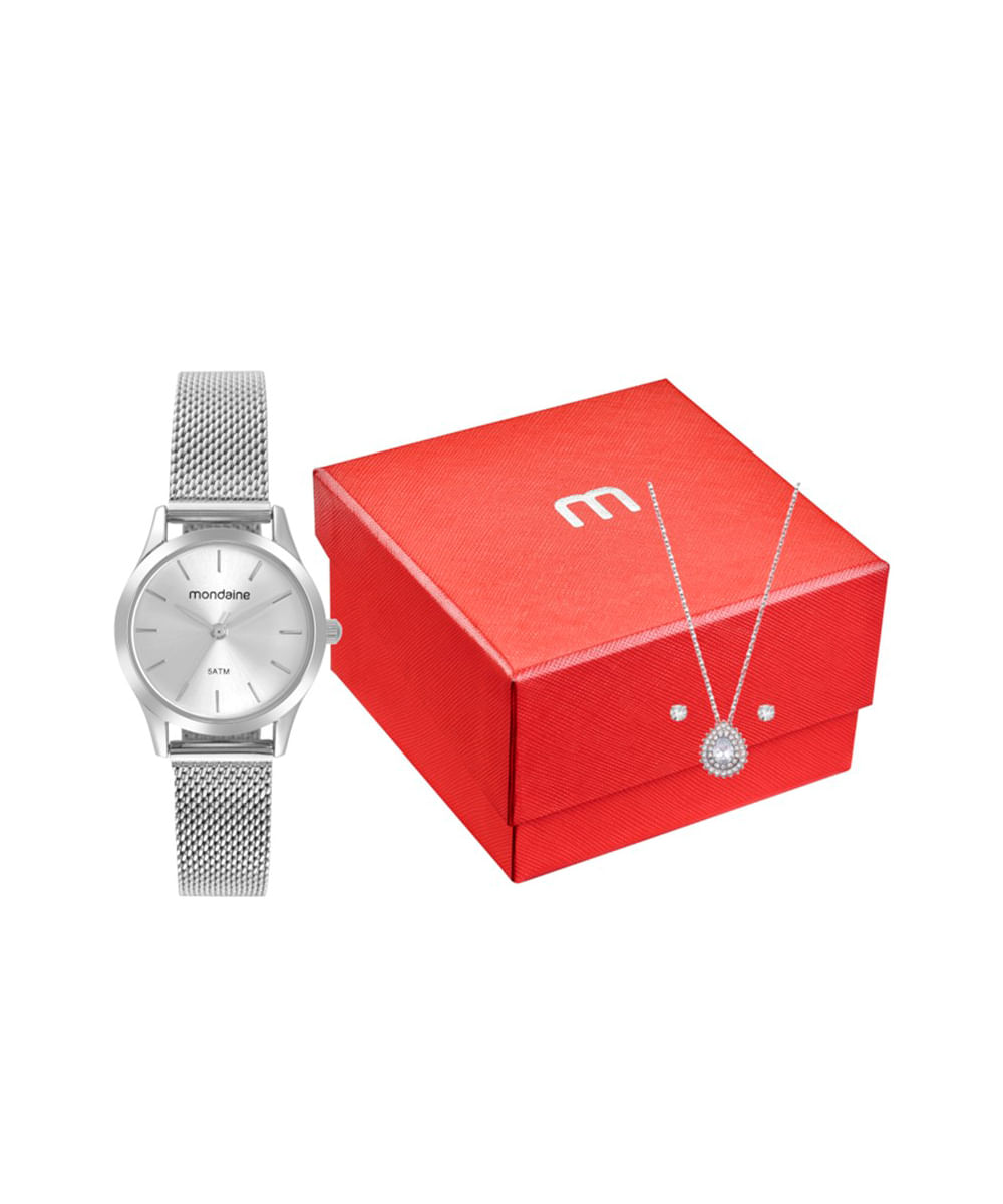 kit relógio feminino mondaine 32729l0mkne2k1 analógico prateado