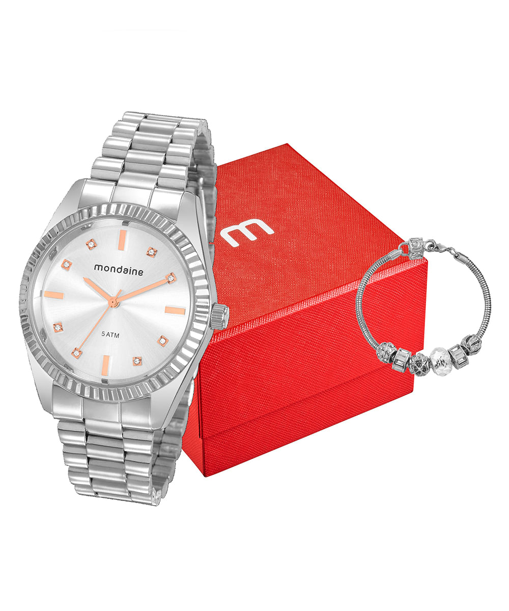 kit relógio feminino mondaine 76768l0mvne1k analógico prateado