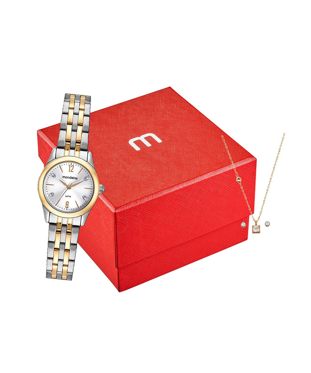kit relógio feminino mondaine 32587lpmvbe3k analógico prateado