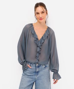 bata feminina com babados texturizada azul