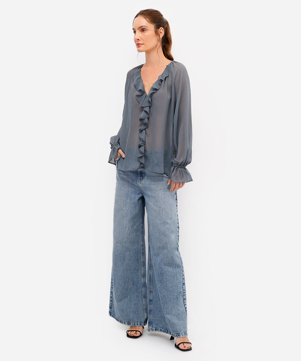 bata feminina com babados texturizada azul