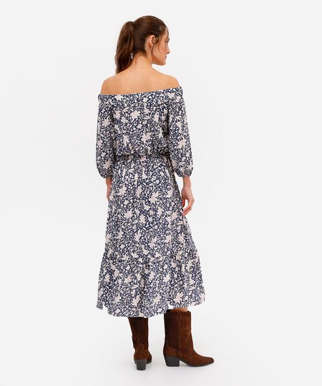 vestido midi de viscose ombro a ombro floral azul