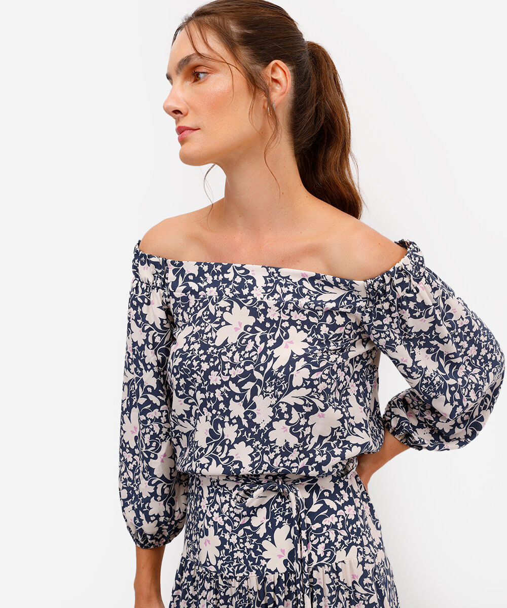 vestido midi de viscose ombro a ombro floral azul