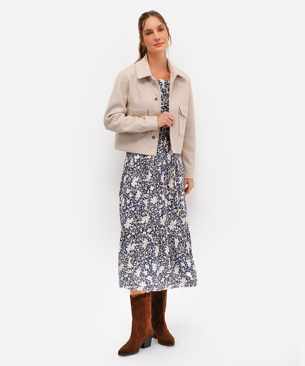 vestido midi de viscose ombro a ombro floral azul