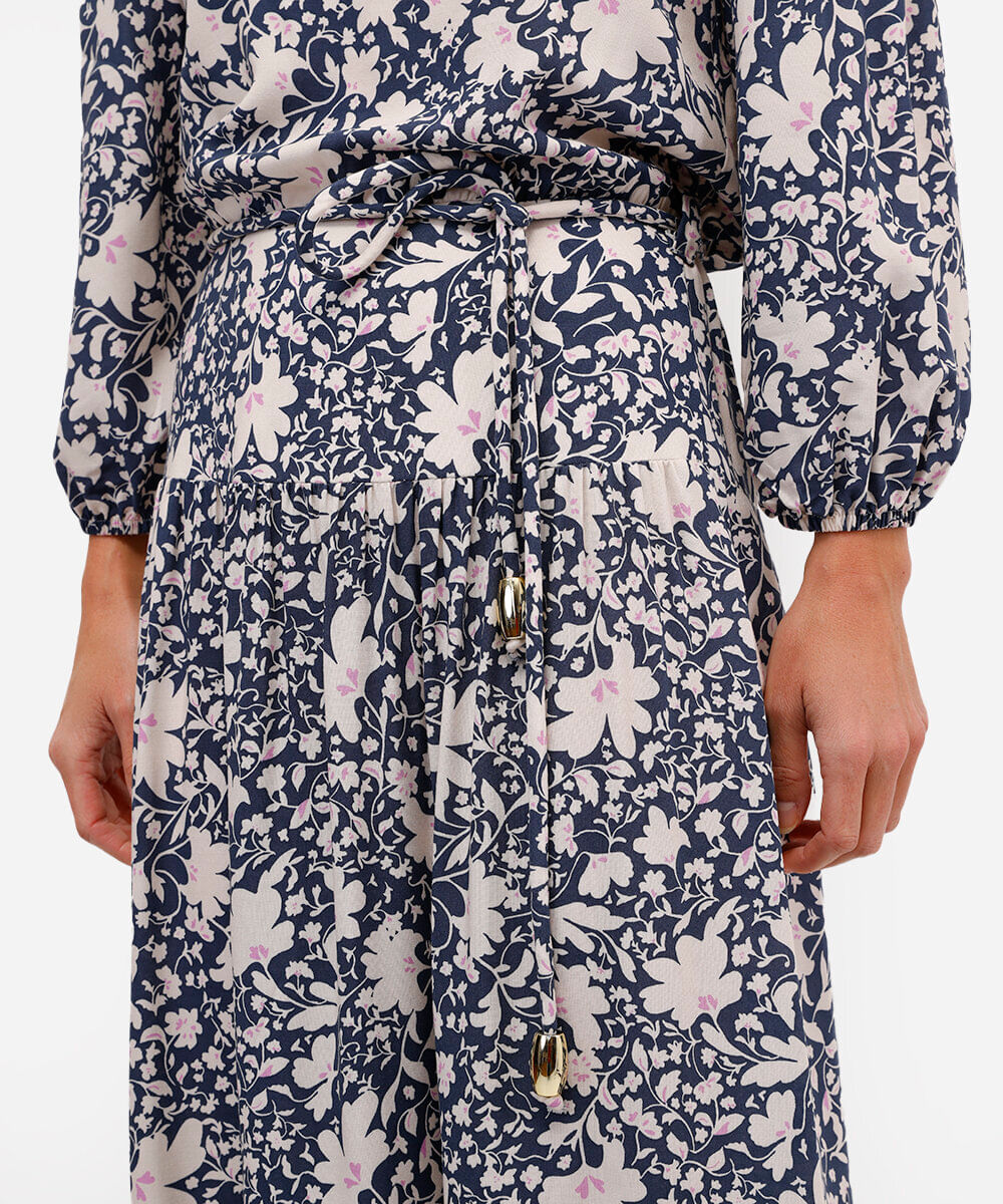 vestido midi de viscose ombro a ombro floral azul