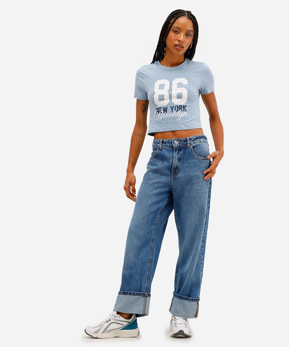 cropped feminino de algodão new york azul