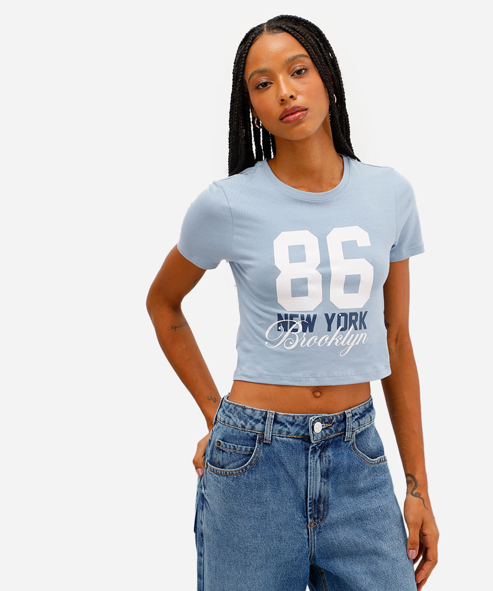 cropped feminino de algodão new york azul