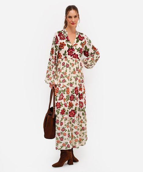 vestido longo feminino de viscose com recortes floral - bege