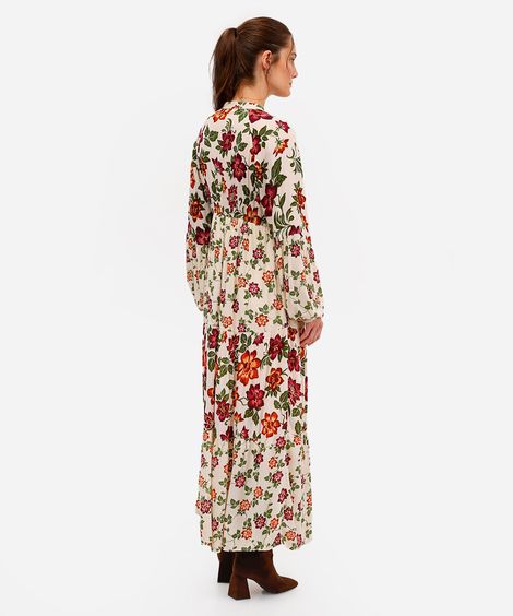 vestido longo feminino de viscose com recortes floral - bege