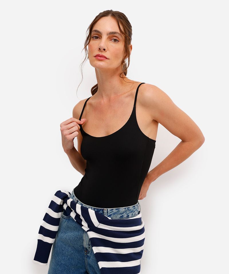 body feminino de poliamida alça fina preto