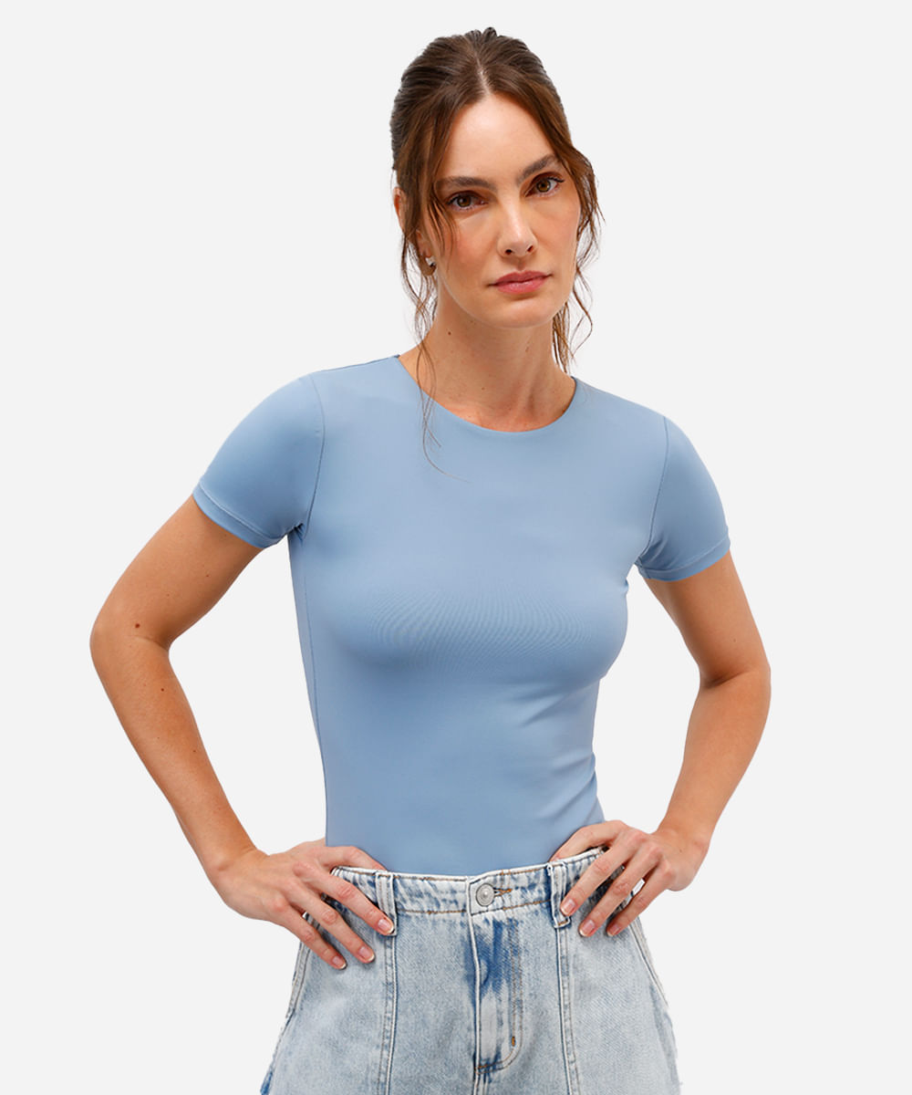 blusa feminina de poliamida manga curta azul