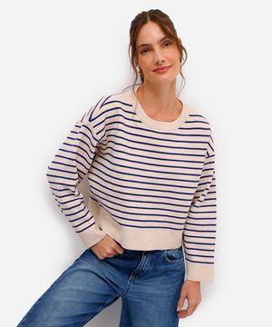 suéter feminino de tricot listrado azul