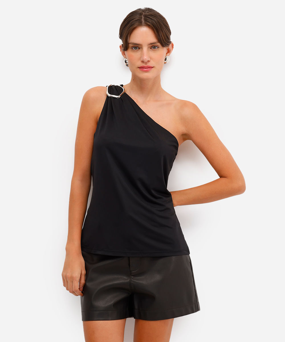 blusa ombro único feminina franzida preta