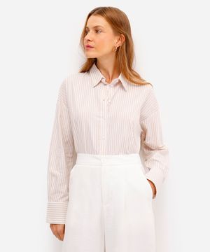 camisa oversized feminina de algodão listrada bege