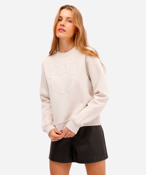 blusão feminino de moletom felpado bordado mickey bege