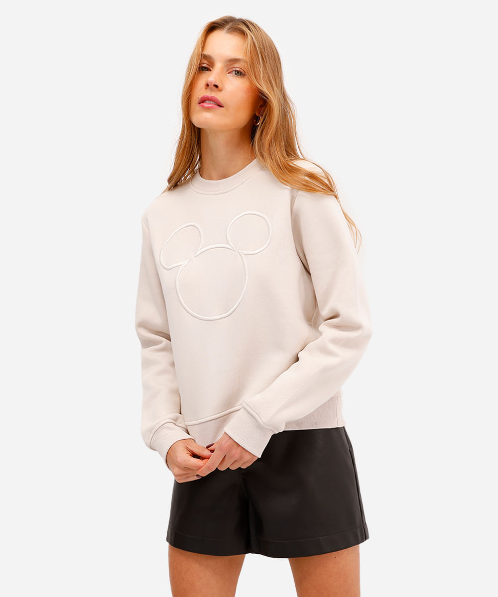 blusão feminino de moletom felpado bordado mickey bege