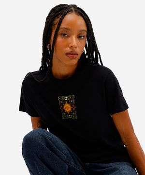 camiseta feminina de algodão sol e lua preta