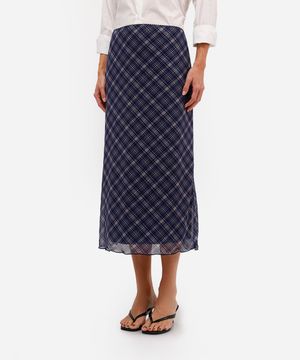 saia midi feminina de tule xadrez azul