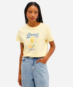 camiseta feminina de algodão breakfast drink amarela