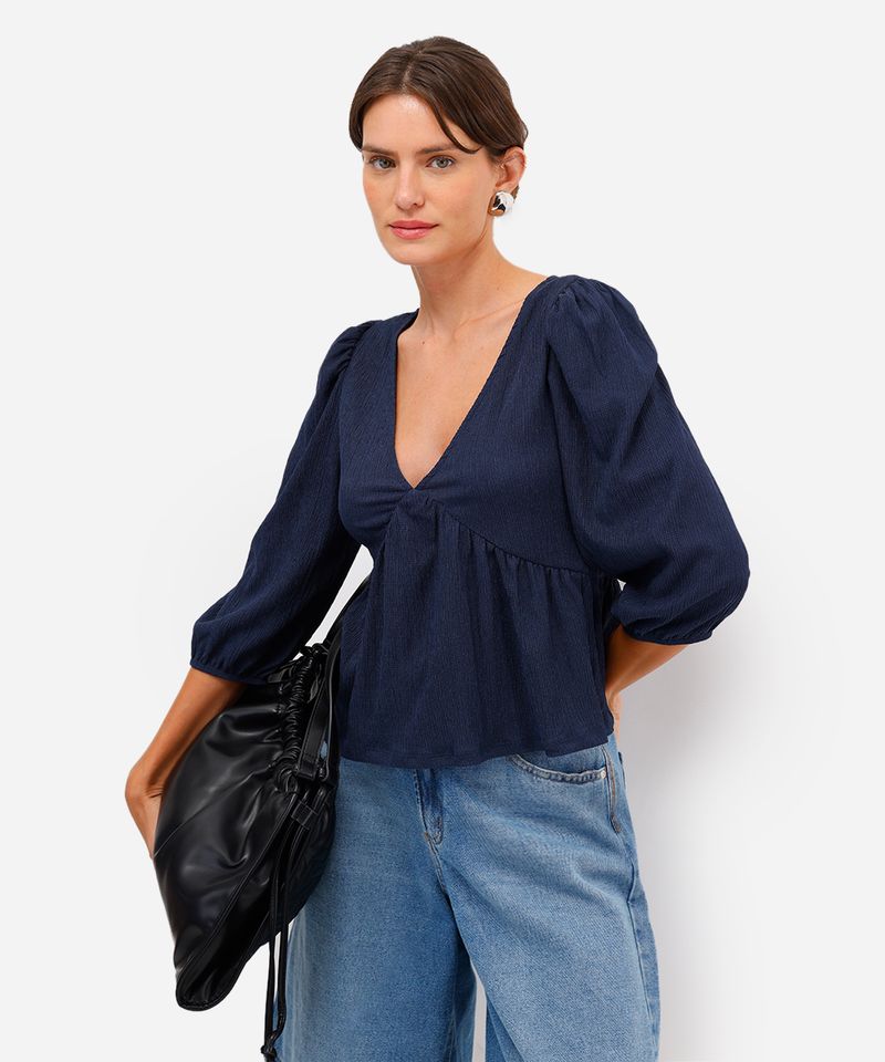 bata feminina manga bufante texturizada azul