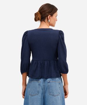 bata feminina manga bufante texturizada azul