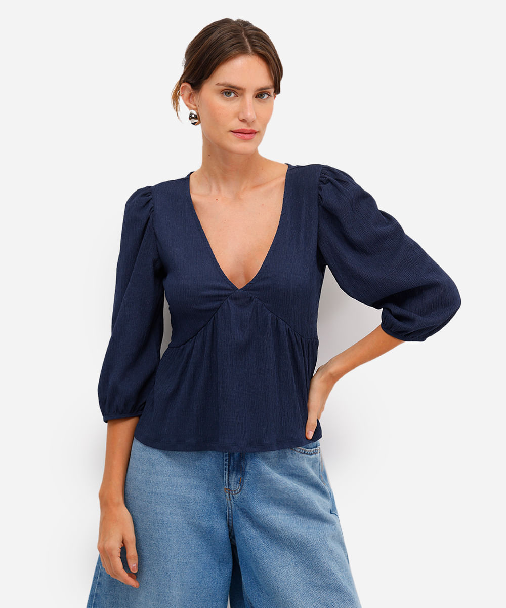 bata feminina manga bufante texturizada azul