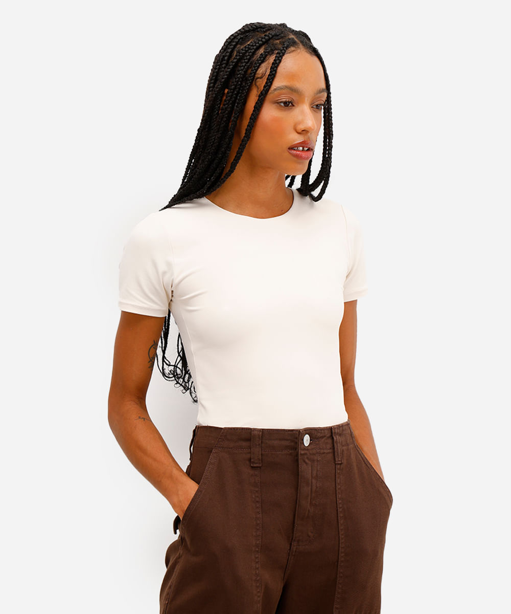 blusa feminina de poliamida manga curta off white