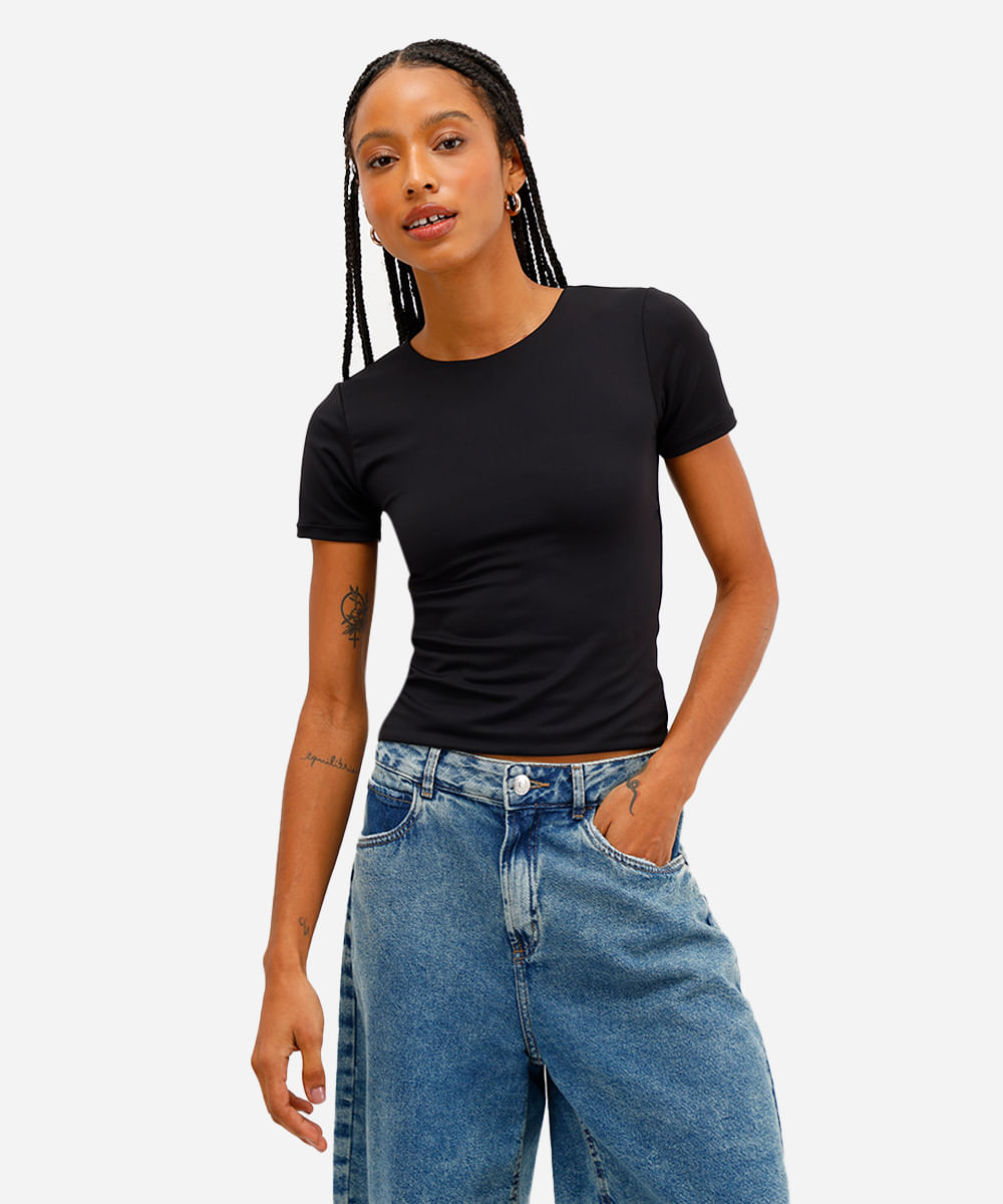 トップス cae blusa feminina de poliamida manga curta preta