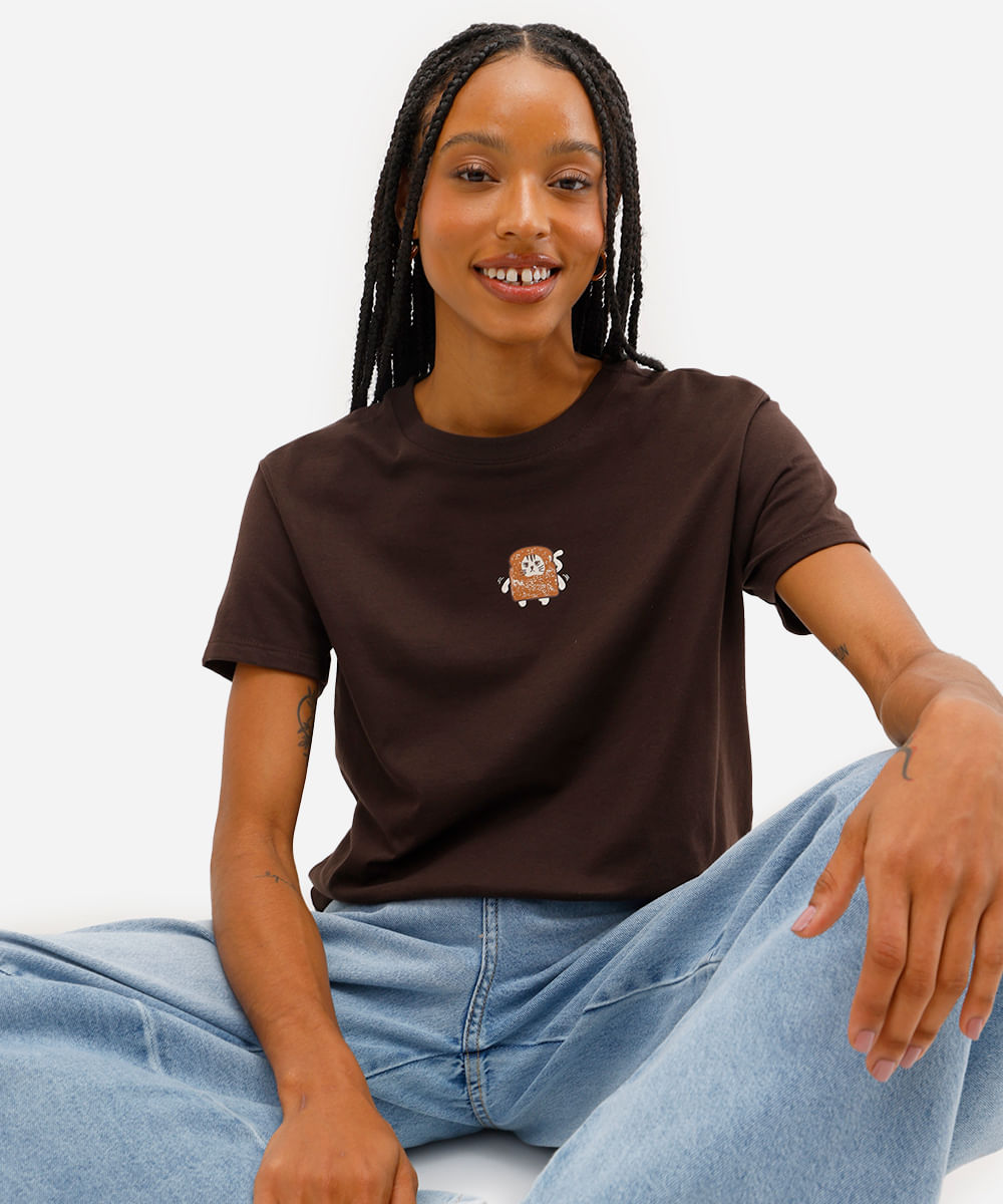 camiseta feminina de algodão gatinho marrom