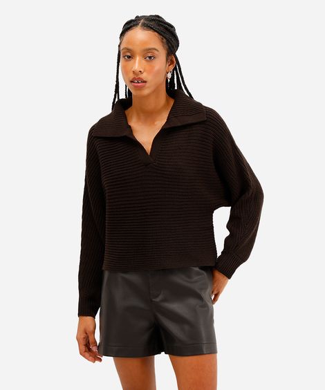 suéter feminino de tricot com gola polo marrom