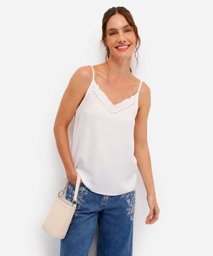 blusa alça fina de viscose com bordado floral off white