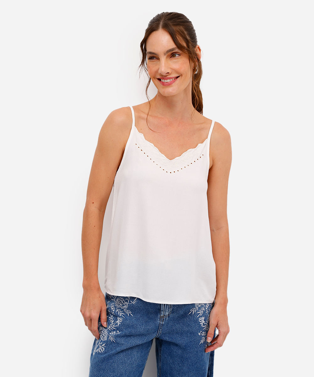 blusa alça fina de viscose com bordado floral off white