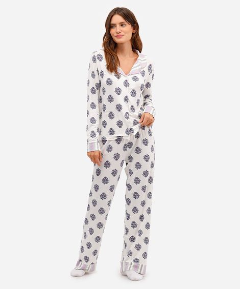 pijama longo americano de viscose floral off white
