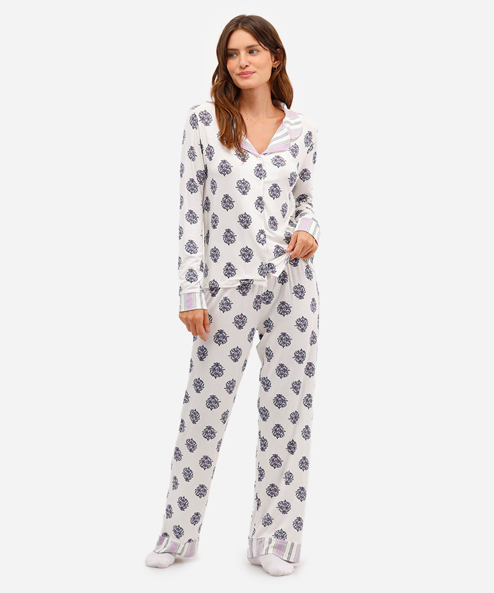 pijama longo americano de viscose floral off white