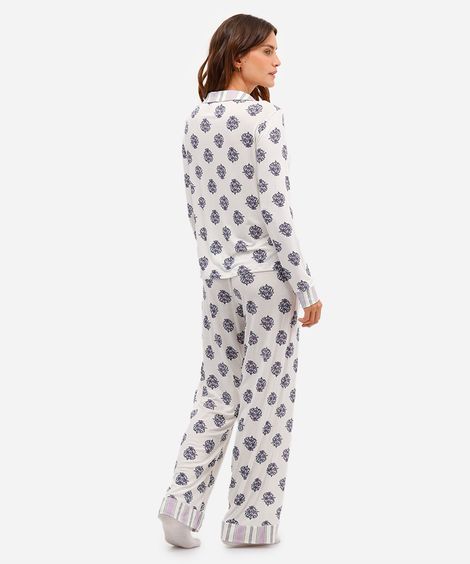pijama longo americano de viscose floral off white
