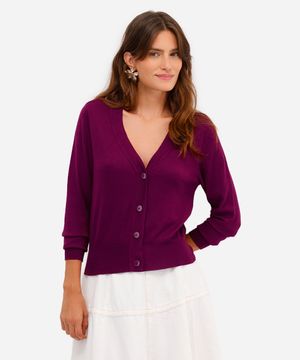 cardigan feminino de tricot cropped manga longa roxo