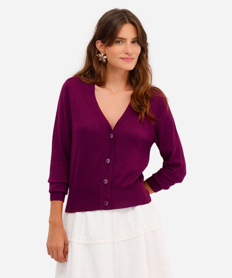 cardigan feminino de tricot cropped manga longa roxo