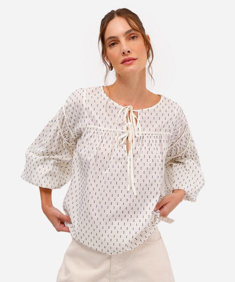 bata feminina de algodão estampa manga bufante off white