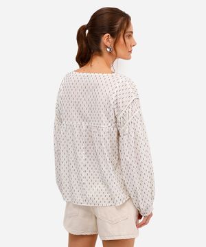 bata feminina de algodão estampa manga bufante off white